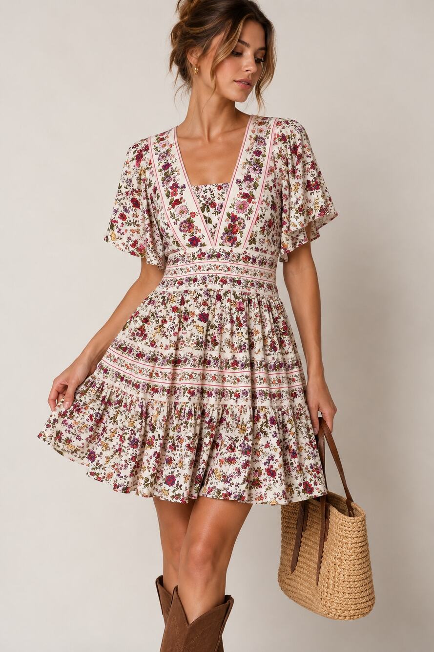 Patrons of Peace Floral Boho Tiered Mini Dress Bell Sleeve Rayon Size Medium